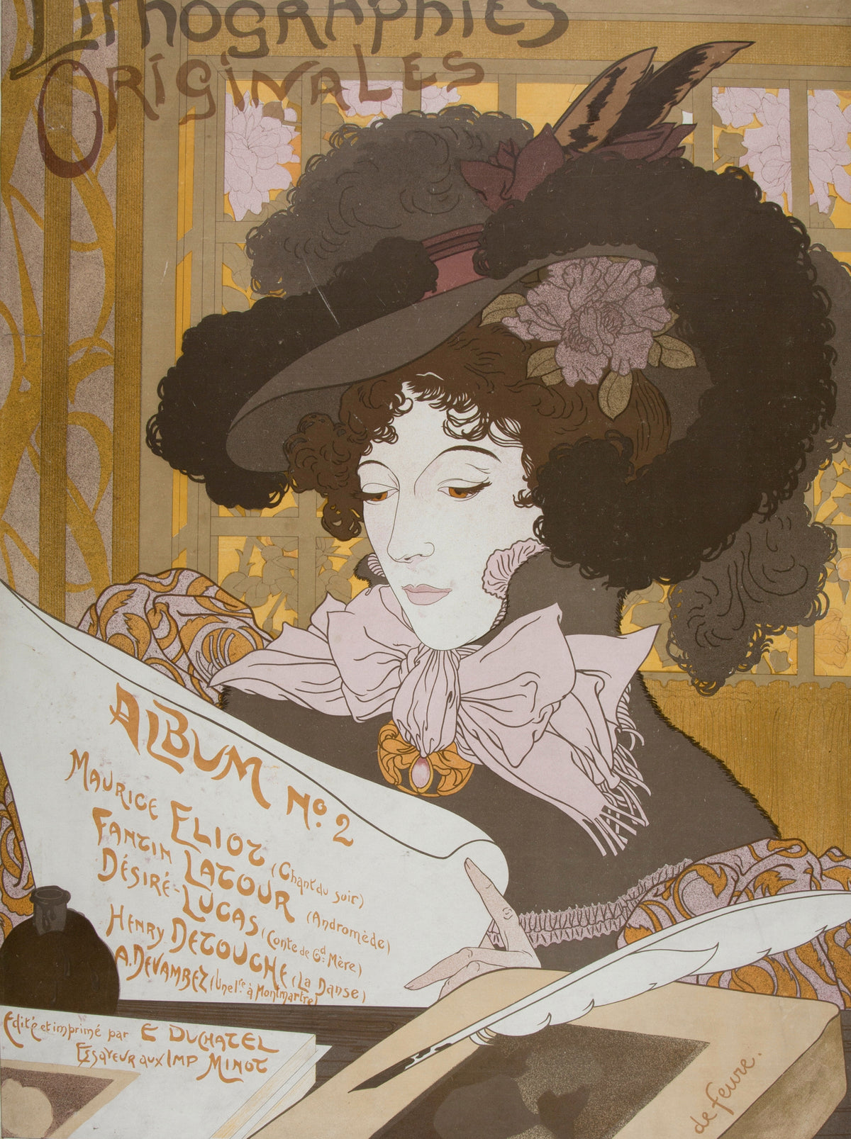 Lithographies originales, Album No 2 by Georges de Feure — A woman in a feathered hat studies the album's cover sheet