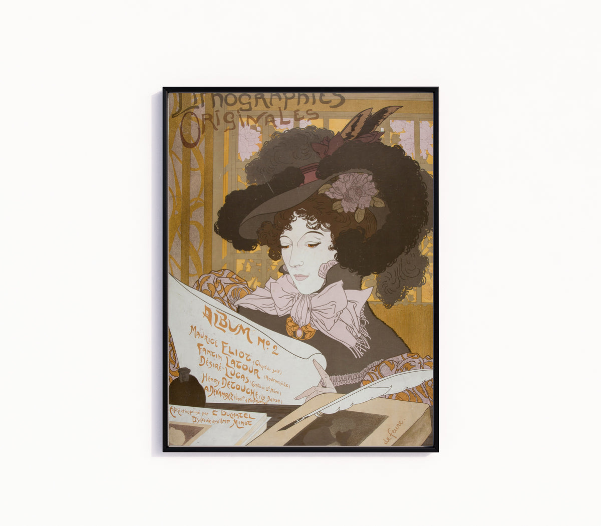 Framed art print of Lithographies originales, Album No 2 by Georges de Feure, in a slim black frame on a plain white wall