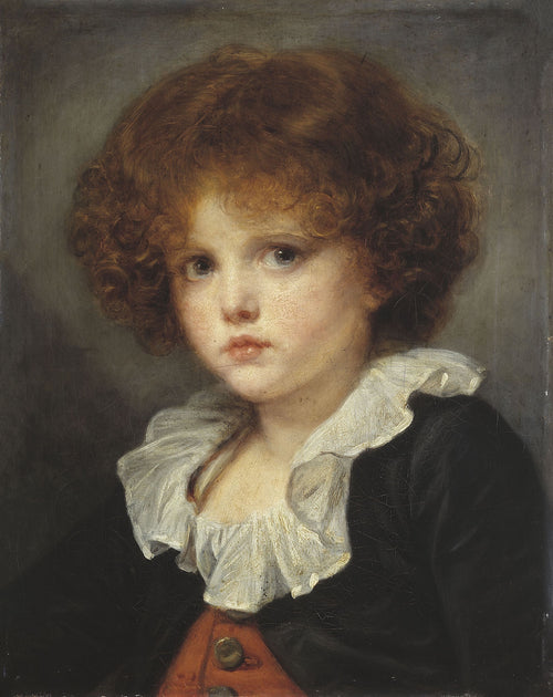 Little Boy in a Red Waistcoat by Jean-Baptiste Greuze — A curly red-haired boy looks out over a ruffled white collar