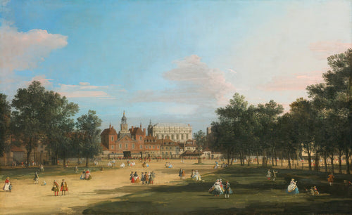 London, A View of the Old Horse Guards and Banqueting Hall, Whitehall Seen from St. James’ Park by Canaletto — Strollers cross a sunlit park toward a red brick