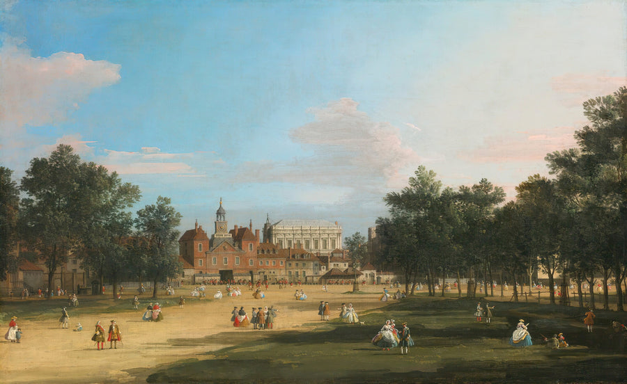 Canaletto — London, A View of the Old Horse Guards and Banqueting Hall, Whitehall Seen from St. James’ Park | Fine Art Print shown to scale on a wall above a sofa