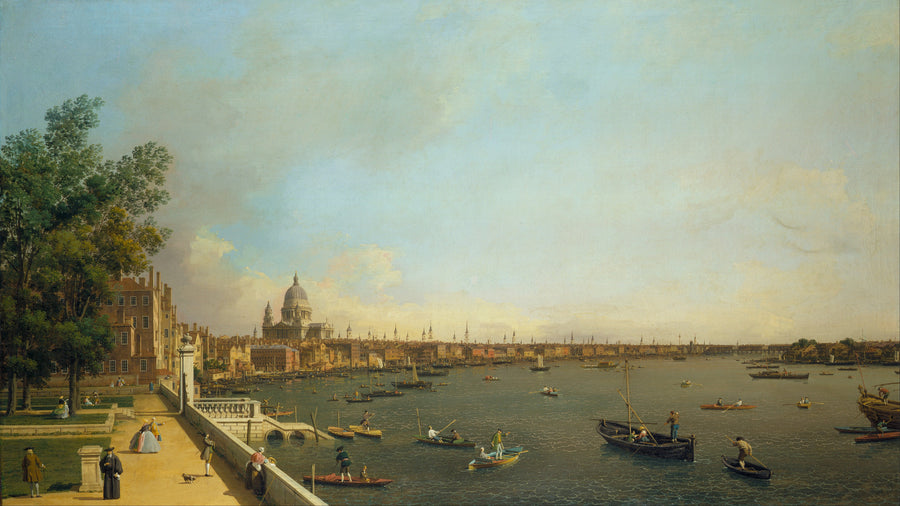 Canaletto — London – The Thames from Somerset House Terrace towards the City | Fine Art Print shown to scale on a wall above a sofa