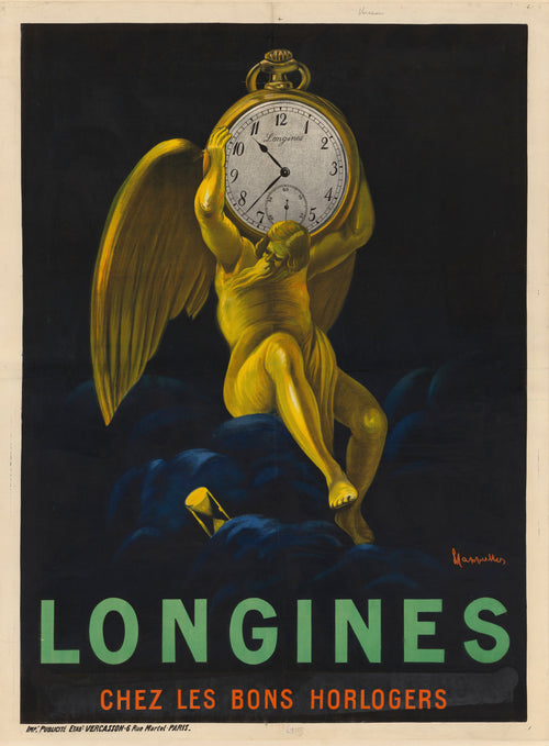Longines chez les bons horlogers by Leonetto Cappiello — A winged, bearded old man shoulders a giant gold pocket watch