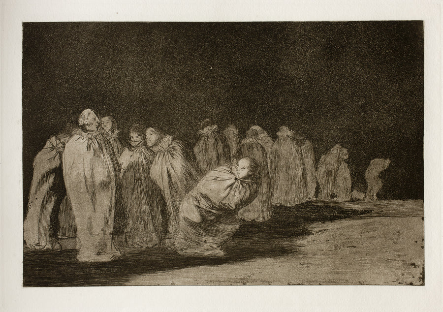 Francisco de Goya — Los ensacados (The Men in Sacks), from Los Disparates | Etching Print shown to scale on a wall above a sofa