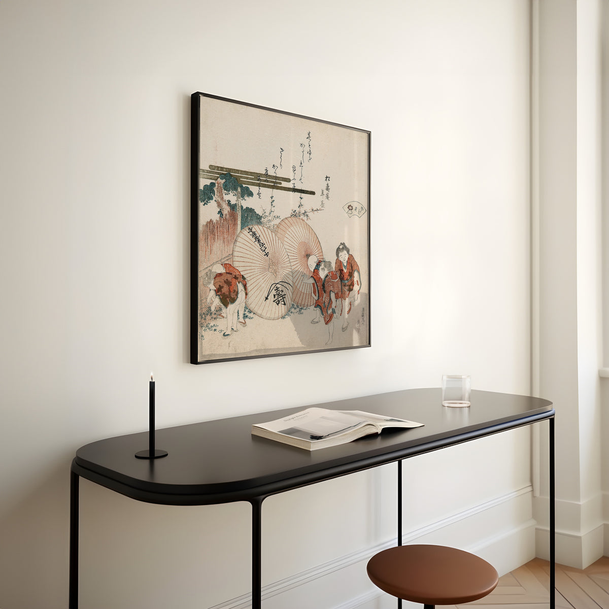 Framed art print of Lost-Love Shell (Katashigai) by Katsushika Hokusai, above a slim black console table