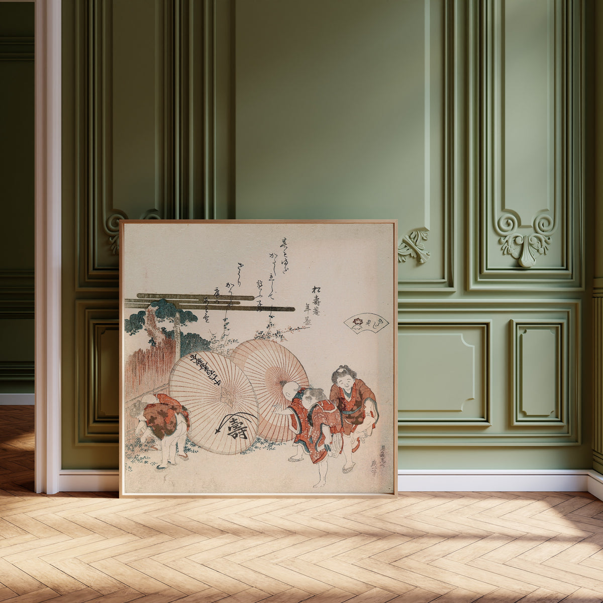 Framed art print of Lost-Love Shell (Katashigai) by Katsushika Hokusai, leaning against olive-green panelling on a herringbone floor