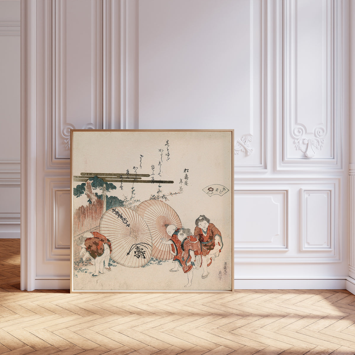 Framed art print of Lost-Love Shell (Katashigai) by Katsushika Hokusai, leaning against pale pink panelling on a herringbone floor