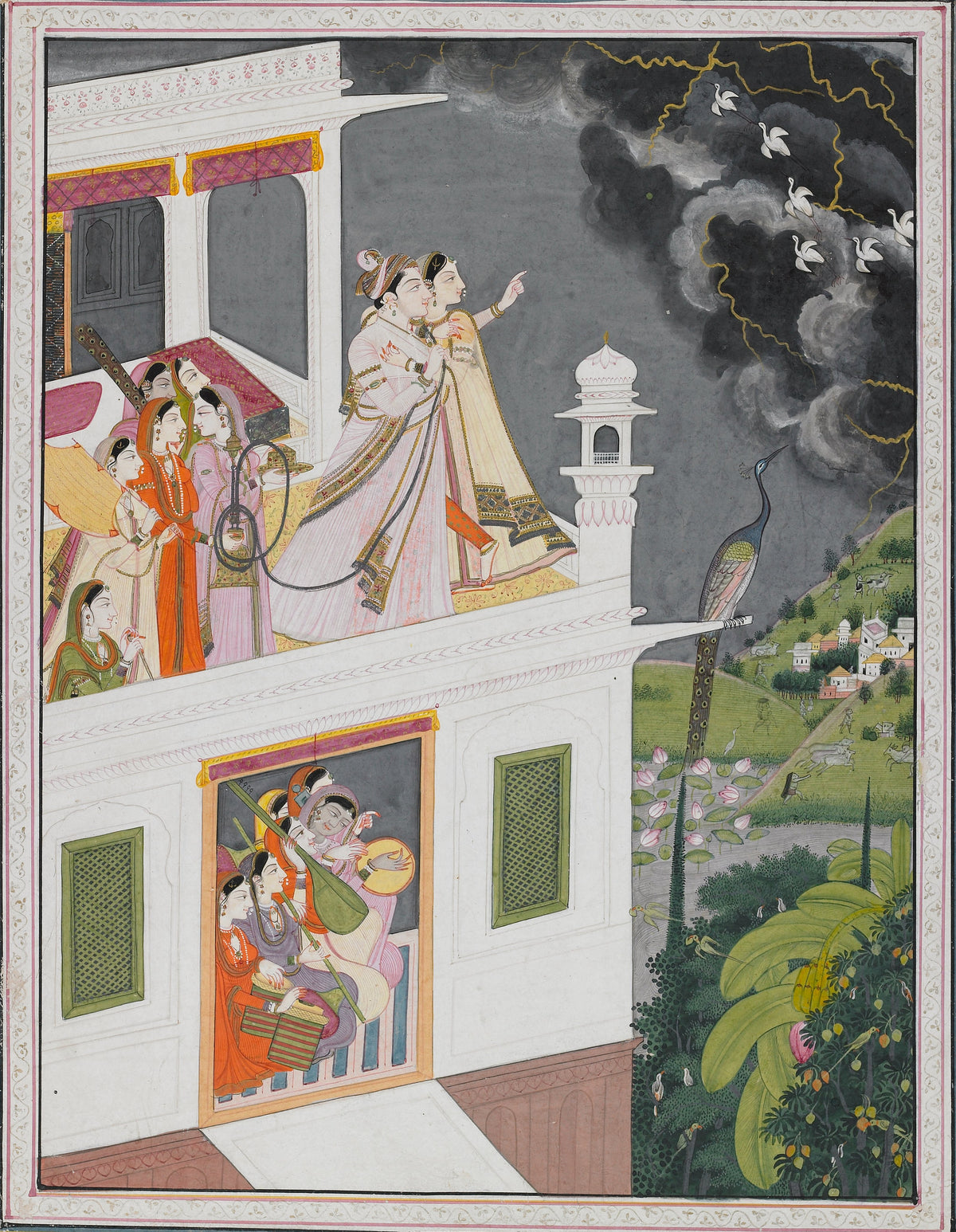 Kangra school — Lovers Watching an Approaching Thunderstorm | Indian Miniature Painting Print