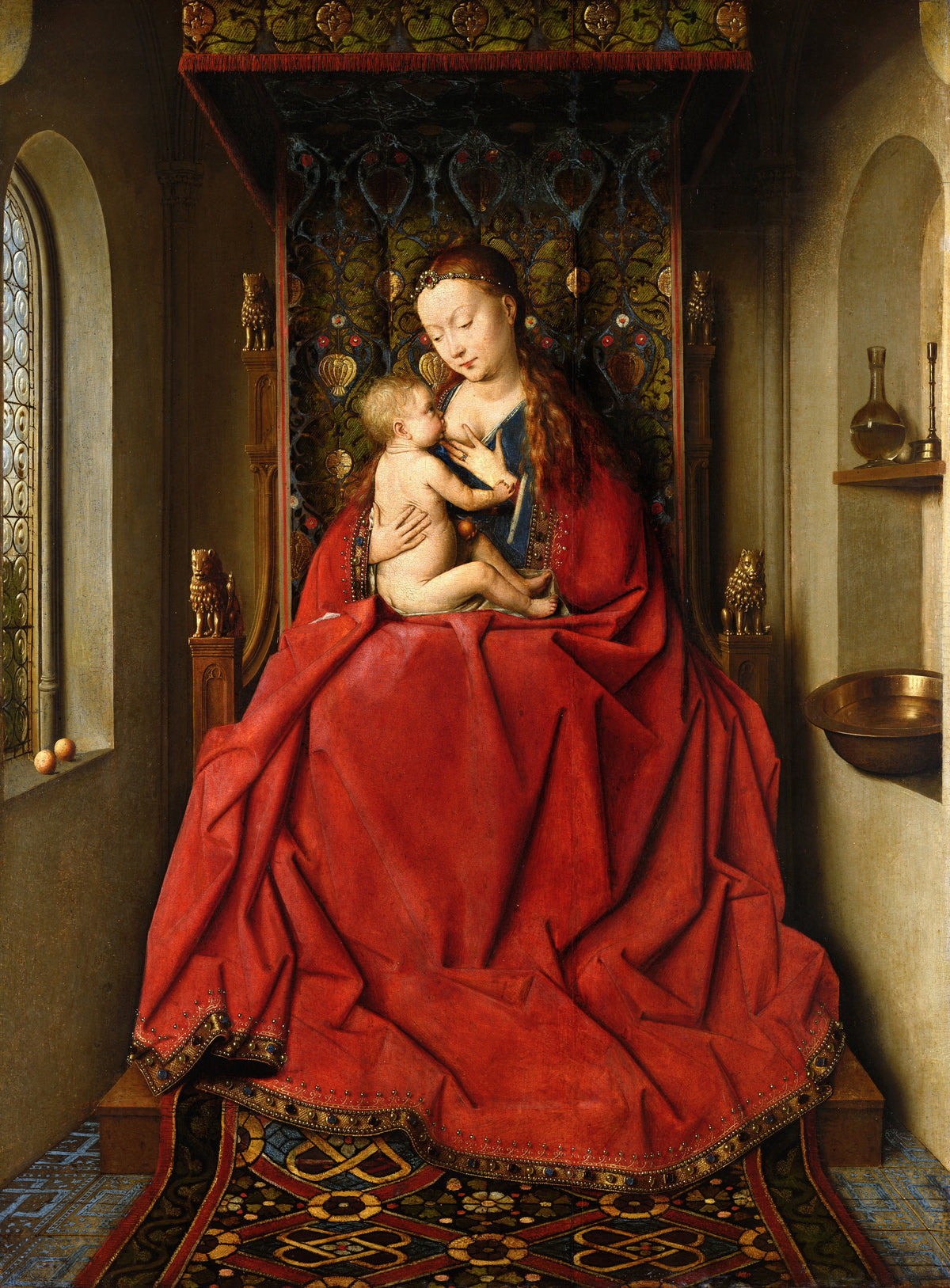Lucca Madonna by Jan van Eyck — A red-robed Virgin holds her Child on a canopied throne