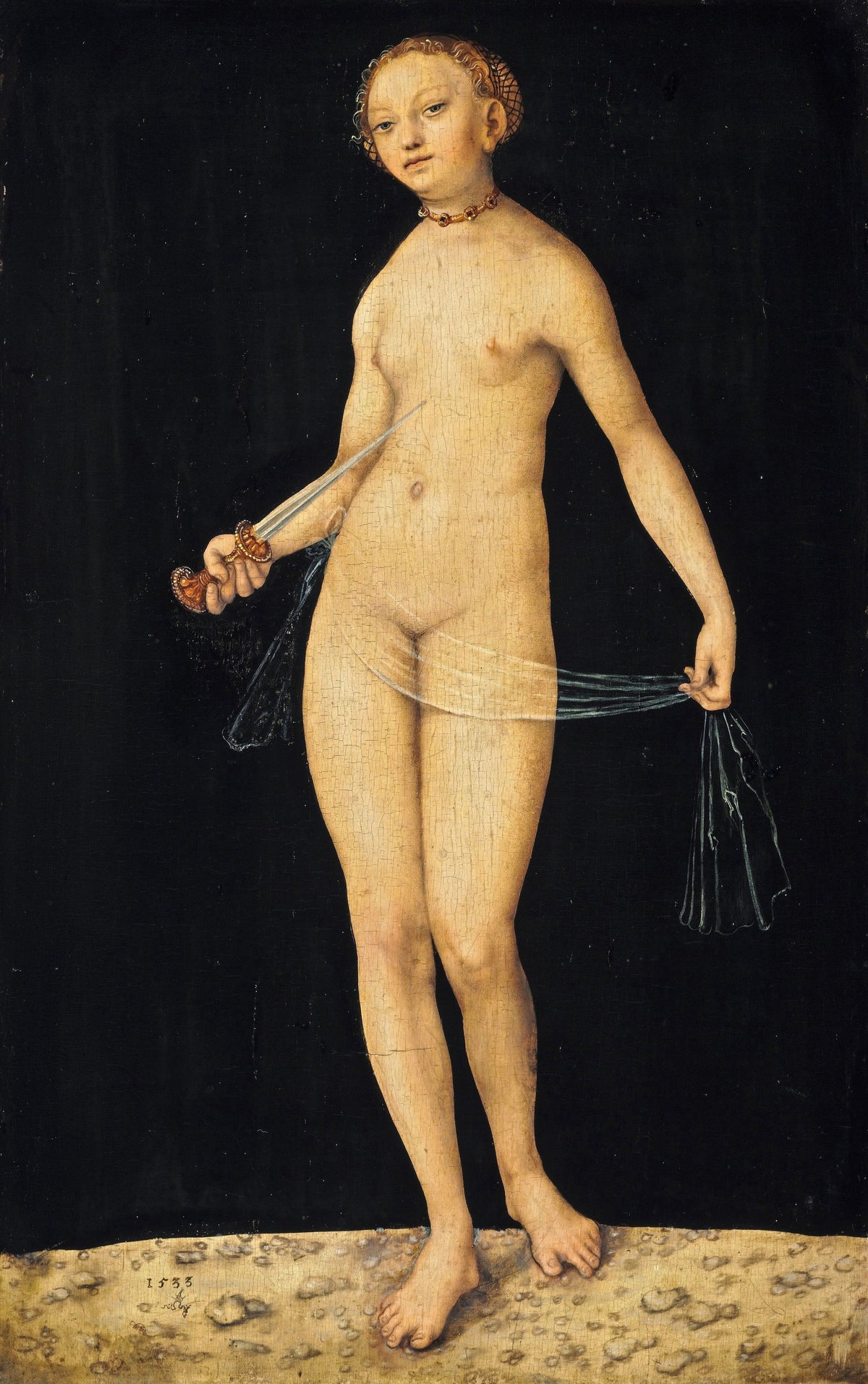 Lucretia by Lucas Cranach the Elder — A slender woman holds a dagger towards herself against a black ground