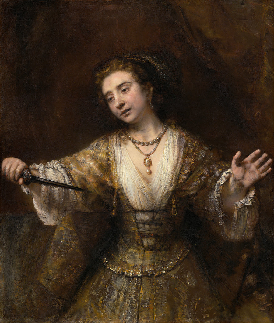 Rembrandt van Rijn — Lucretia | Fine Art Print shown to scale on a wall above a sofa