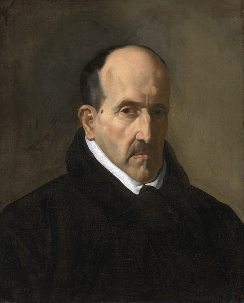 Luis de Góngora y Argote by Diego Velázquez — A man with a high bald crown looks out from a dark coat