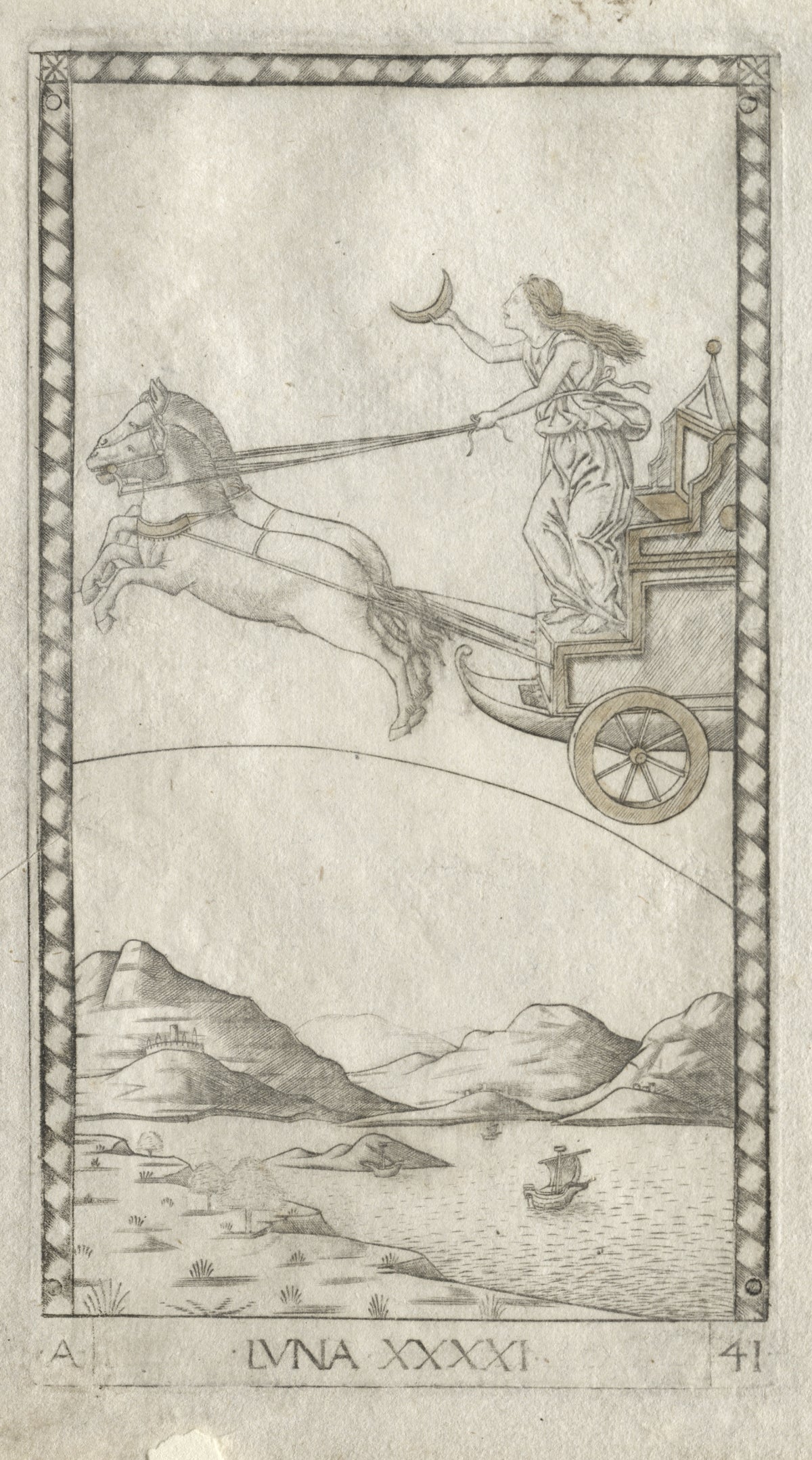 Luna (from the Tarocchi, Series A: Firmaments of the Heavens) by Master of the E-Series Tarocchi — The moon goddess drives a two-horse chariot above a quiet bay