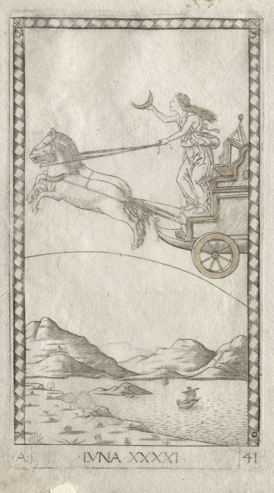 Master of the E-Series Tarocchi — Luna (from the Tarocchi, Series A: Firmaments of the Heavens) | Esoteric Art Print shown to scale on a wall above a sofa