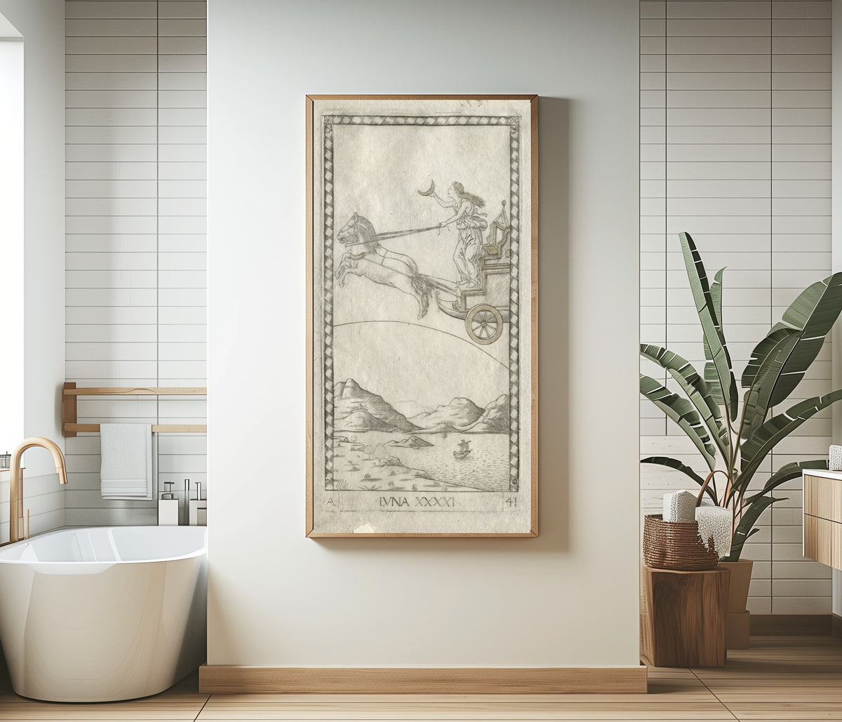 Framed art print of Luna (from the Tarocchi, Series A: Firmaments of the Heavens) by Master of the E-Series Tarocchi, in a bathroom beside a freestanding tub