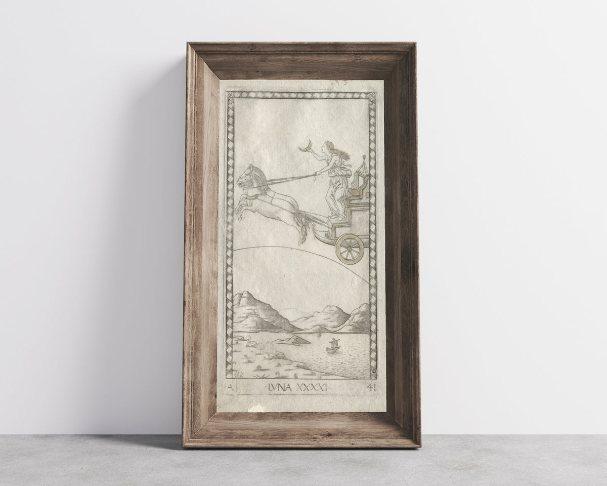 Framed art print of Luna (from the Tarocchi, Series A: Firmaments… by Master of the E-Series Tarocchi, in a wide wooden frame leaning against a concrete wall
