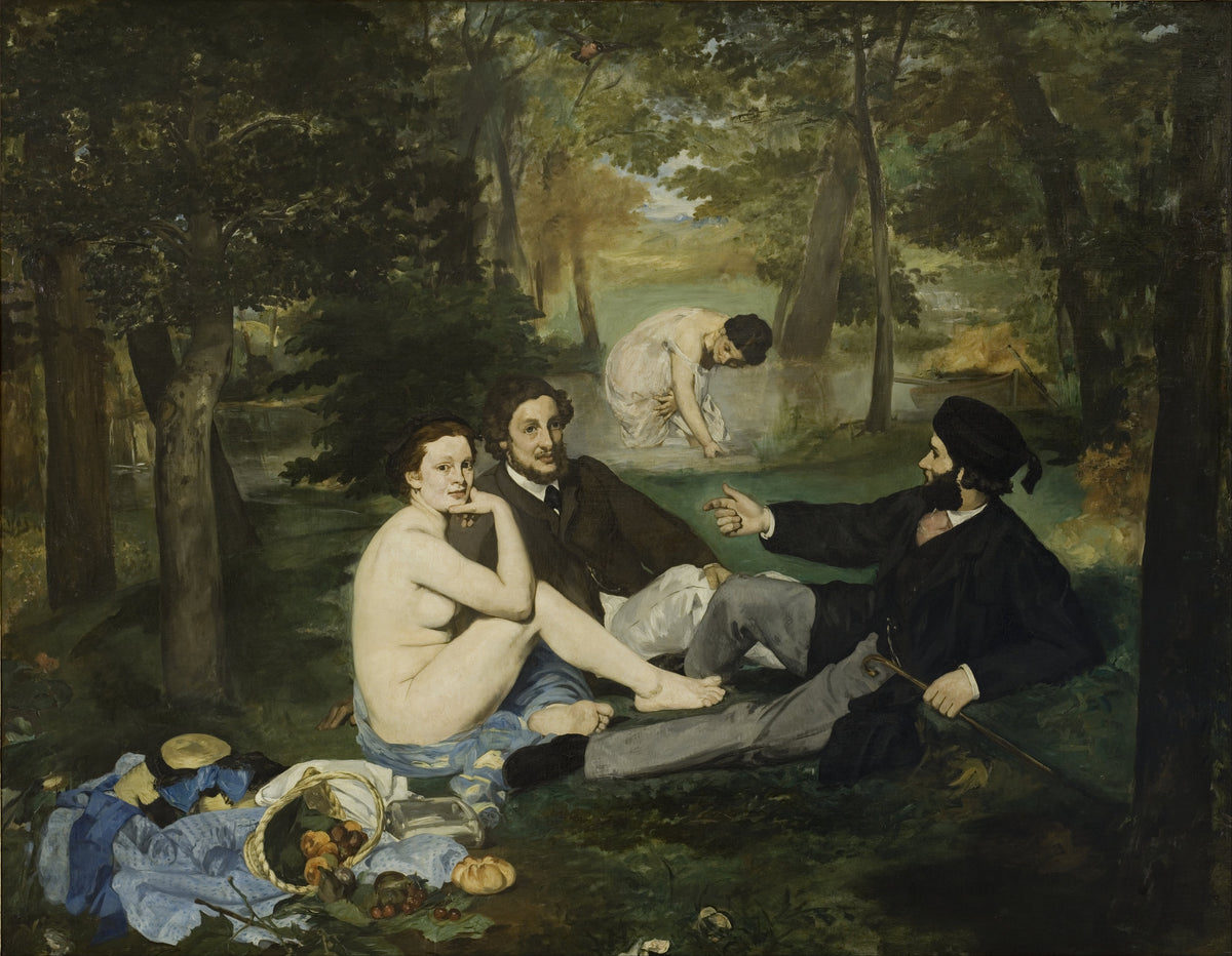 Luncheon on the Grass by Édouard Manet — A picnic in the woods: two dressed men and an unclothed woman