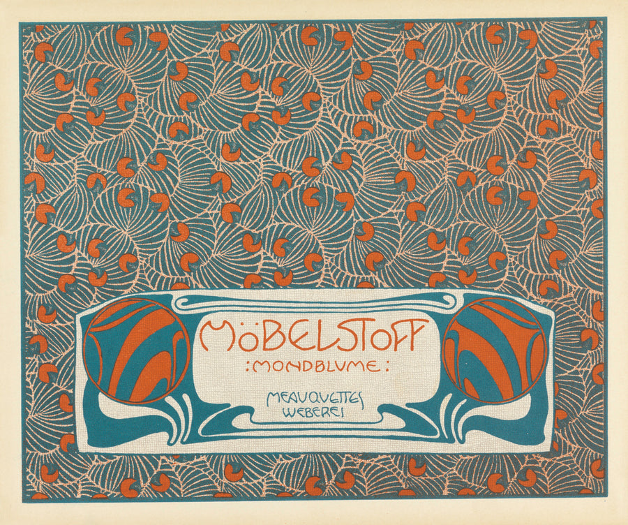 Koloman Moser — Möbelstoff Mondblume (Moon Blossom Woven Upholstery Fabric) | Pattern Design Print shown to scale on a wall above a sofa