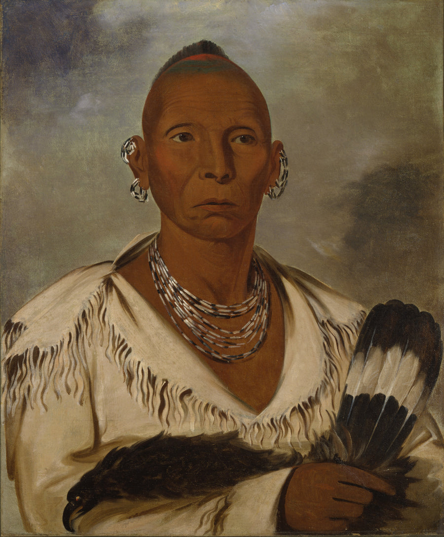 George Catlin — Múk-a-tah-mish-o-káh-kaik, Black Hawk, Prominent Sac Chief | Western Art Print shown to scale on a wall above a sofa