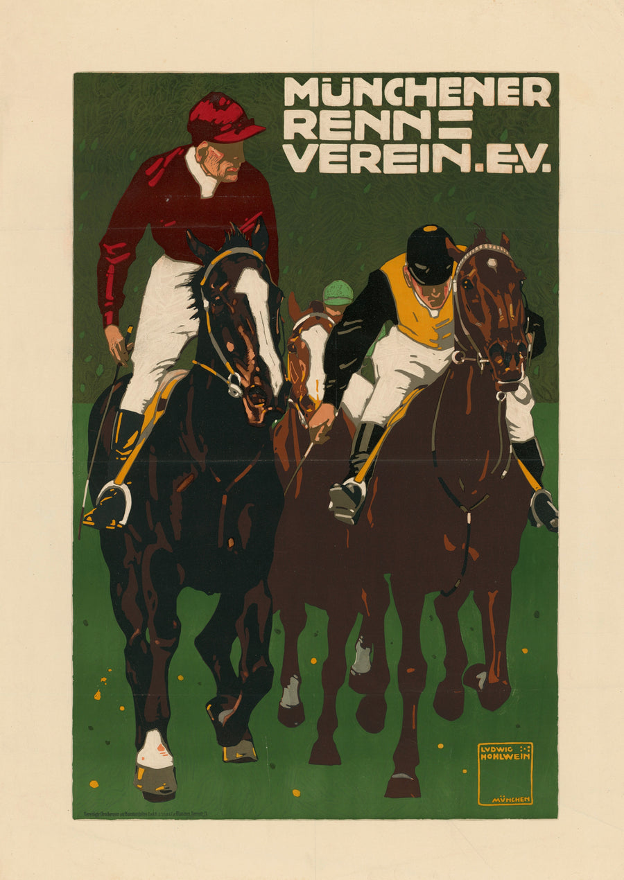 Ludwig Hohlwein — Münchener Rennverein e.V. | Vintage Poster Print shown to scale on a wall above a sofa
