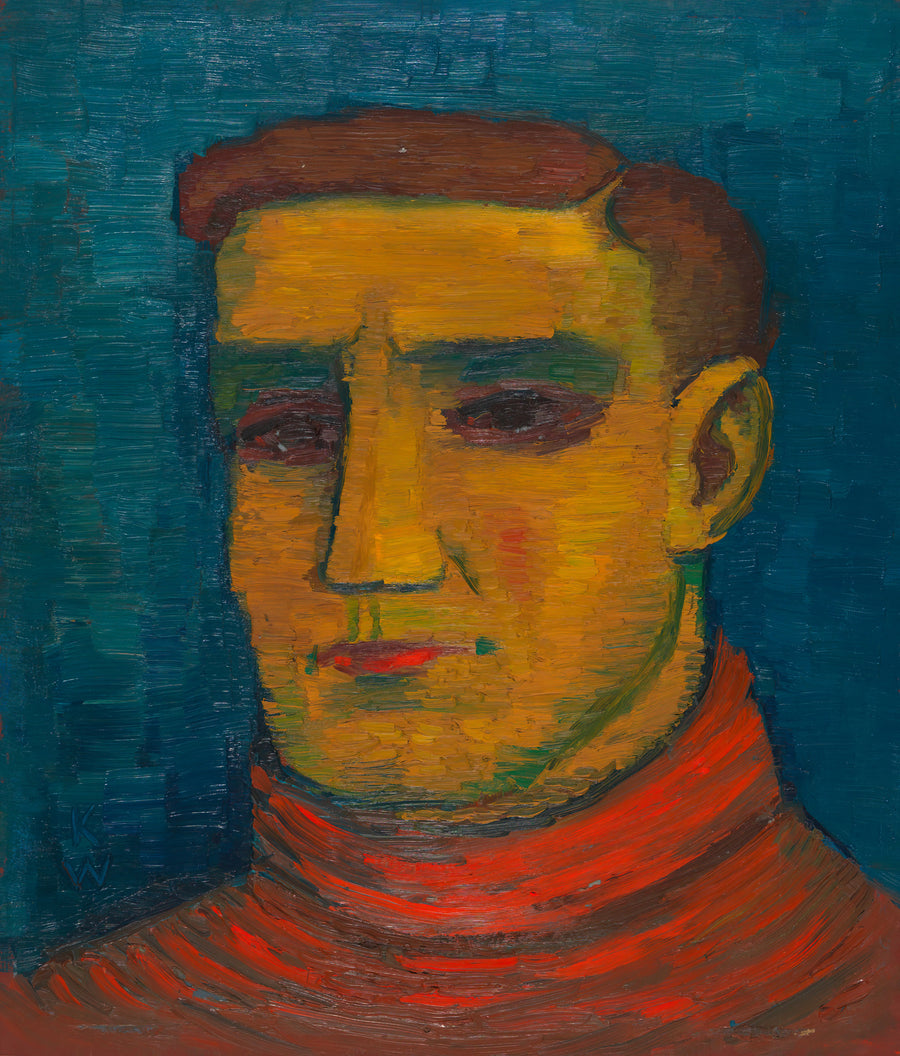 Karl Wiener — Männliches Porträt (Male Portrait in a Red Sweater) | Expressionist Art Print shown to scale on a wall above a sofa