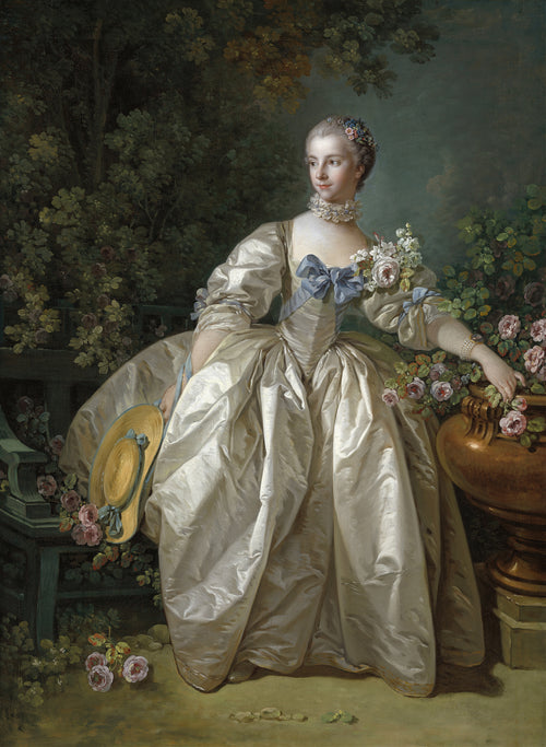 Madame Bergeret by François Boucher — A woman in a cream silk gown pauses by a copper urn of roses