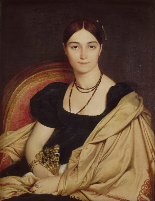 Madame Duvaucey by Jean-Auguste-Dominique Ingres — A woman in black velvet and a gold shawl holds a jewelled fan