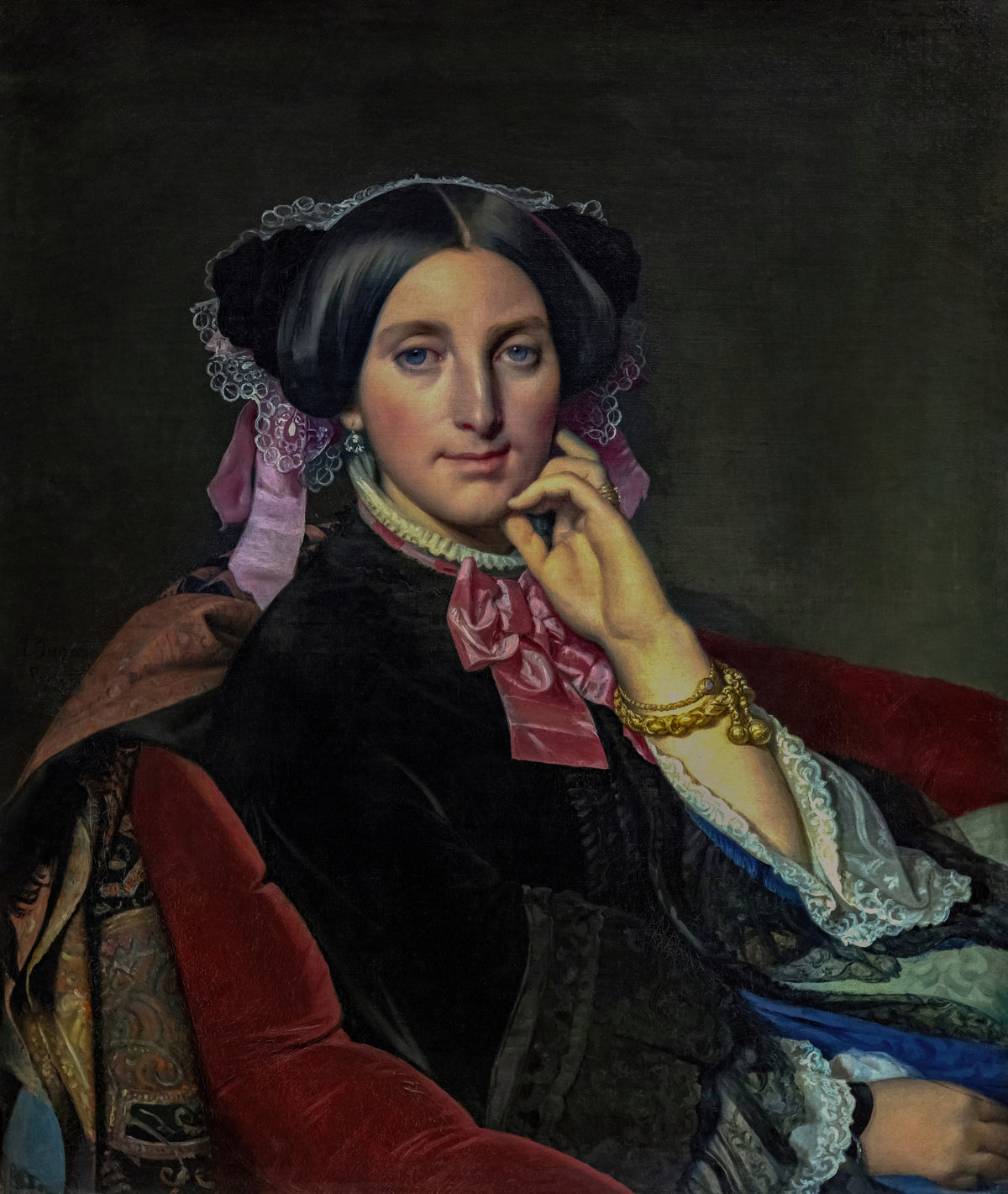 Madame Gonse by Jean-Auguste-Dominique Ingres — A woman in a pink-ribboned lace cap rests her chin on one hand