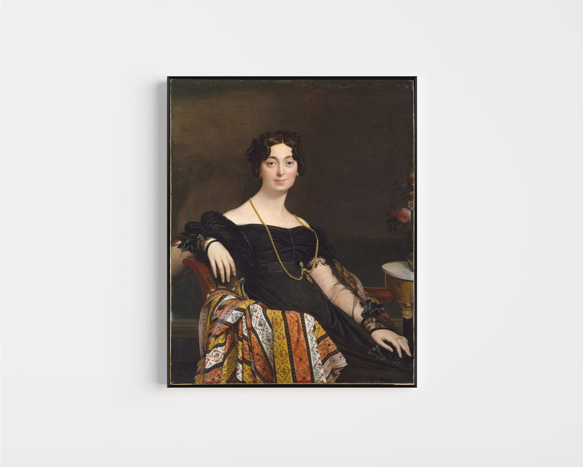 Framed art print of Madame Jacques-Louis Leblanc (Françoise Poncelle, 1788-1839) by Jean-Auguste-Dominique Ingres, in a slim black frame on a plain white wall