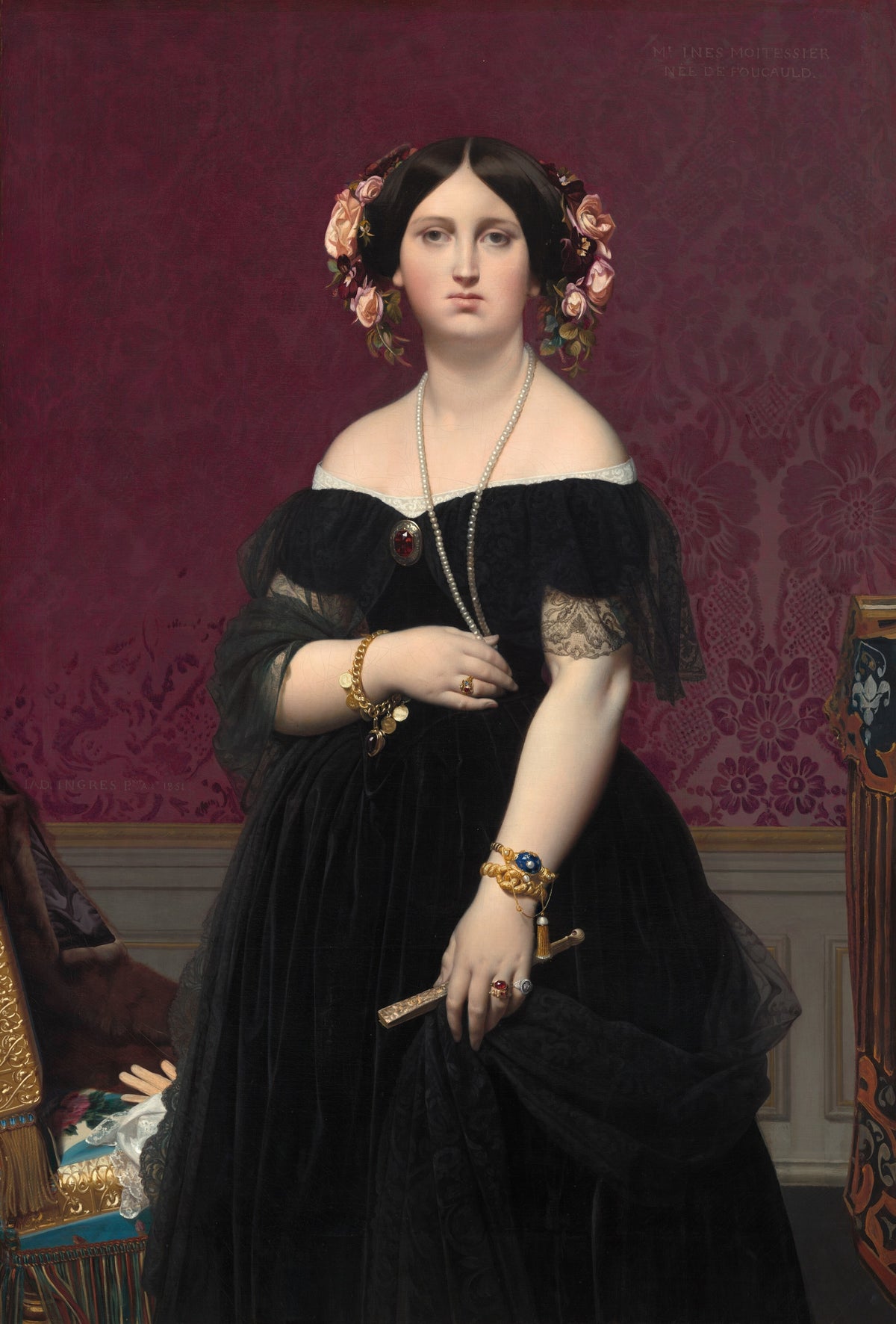 Madame Moitessier by Jean-Auguste-Dominique Ingres — A woman in black velvet and roses before a crimson damask wall