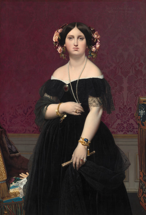 Madame Moitessier by Jean-Auguste-Dominique Ingres — A woman in black velvet and roses before a crimson damask wall