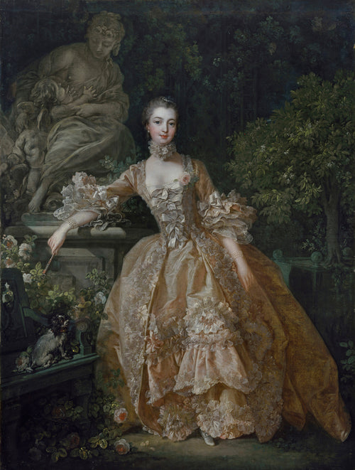 Madame de Pompadour by François Boucher — A woman in a lace-trimmed gold silk gown stands in a rose garden