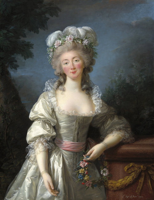 Madame du Barry by Élisabeth Louise Vigée Le Brun — A woman in white satin and a feathered flower crown holds a garland
