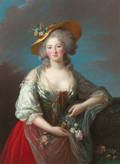 Madame Élisabeth by Élisabeth Louise Vigée Le Brun — A woman in a flowered straw hat holds a posy against a stormy sky