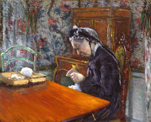 Mademoiselle Boissière Knitting by Gustave Caillebotte — An elderly woman in a lace cap knits at a bright orange table