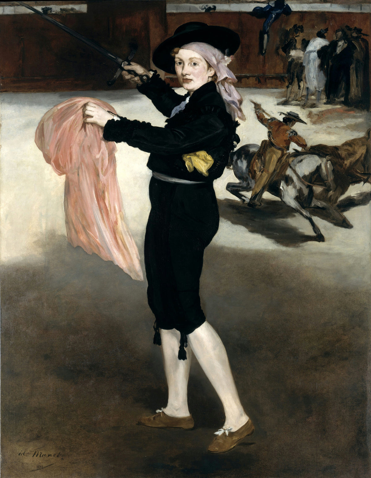 Mademoiselle V. . . in the Costume of an Espada by Édouard Manet — A young woman dressed as a matador raises a sword and a pink cape