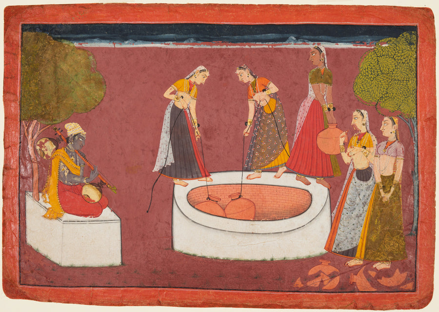 Pahari school — Madhava plays his vina before five women drawing water from a well | Indian Miniature Painting Print shown to scale on a wall above a sofa