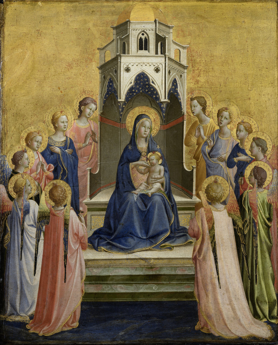 Fra Angelico — Madonna and Child Enthroned and Twelve Angels | Fine Art Print shown to scale on a wall above a sofa