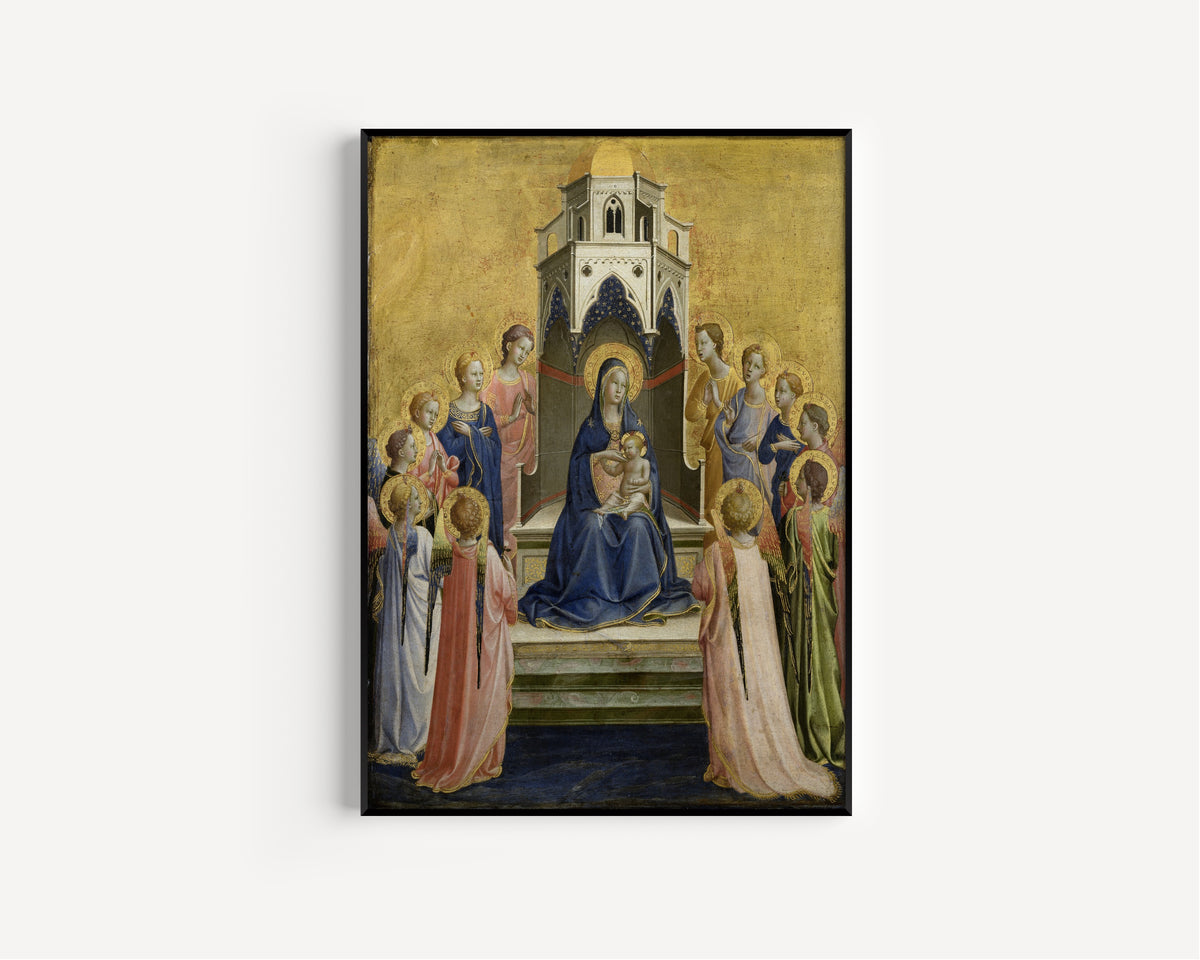 Framed art print of Madonna and Child Enthroned and Twelve Angels by Fra Angelico, in a slim black frame on a plain white wall
