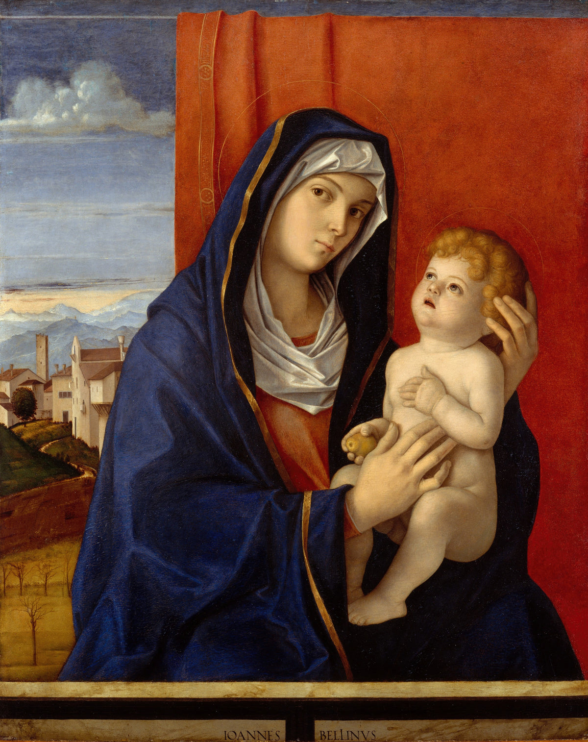 Madonna and Child by Giovanni Bellini — A Virgin in blue holds the Child before a red curtain and hill town