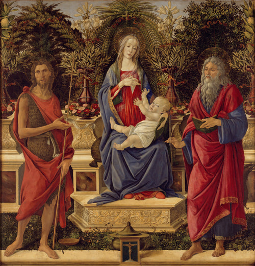 Madonna and Child with both Saints John by Sandro Botticelli — The Virgin enthroned in a garden between two saints