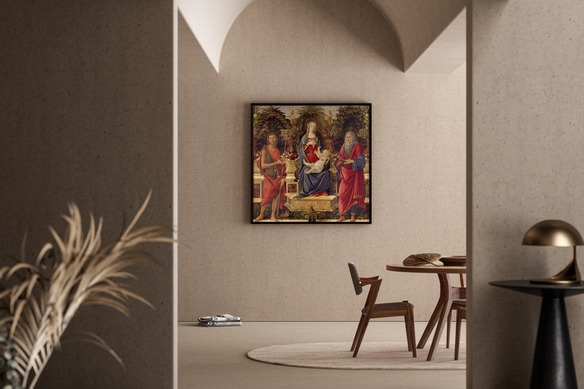 Framed art print of Madonna and Child with both Saints John by Sandro Botticelli, in a sunlit dining corner