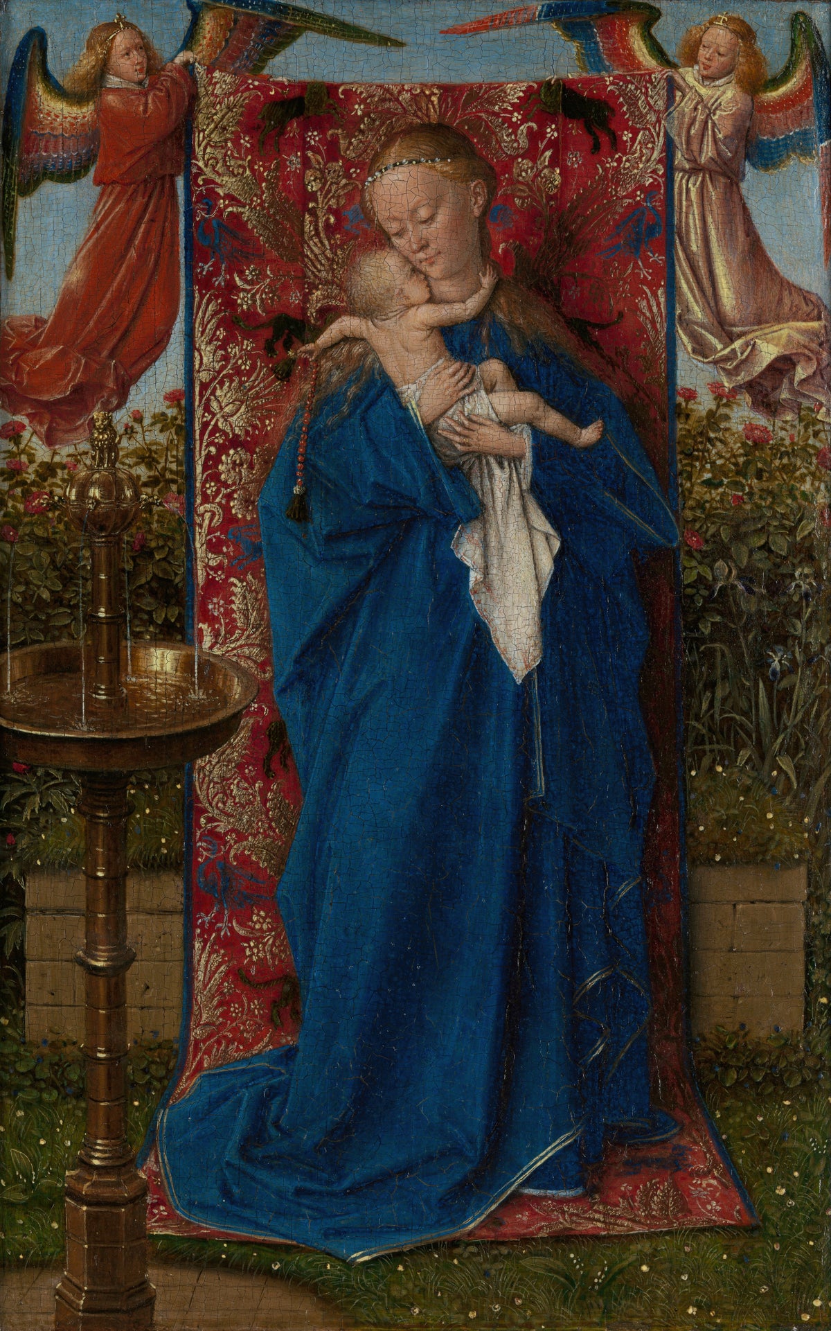 Madonna at the Fountain by Jan van Eyck — A mother in blue and her child before a red cloth held by angels
