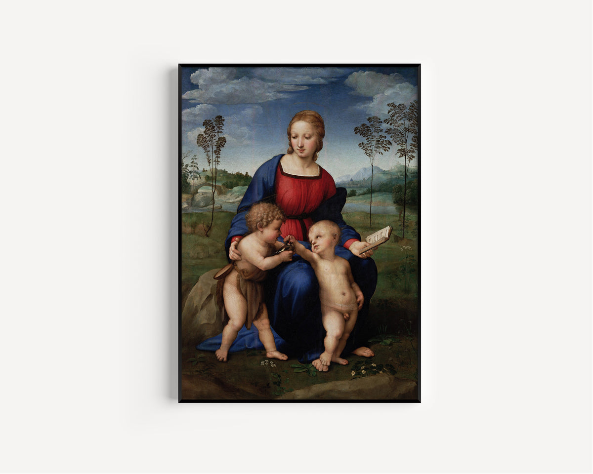 Framed art print of Madonna del Cardellino by Raphael, in a slim black frame on a plain white wall