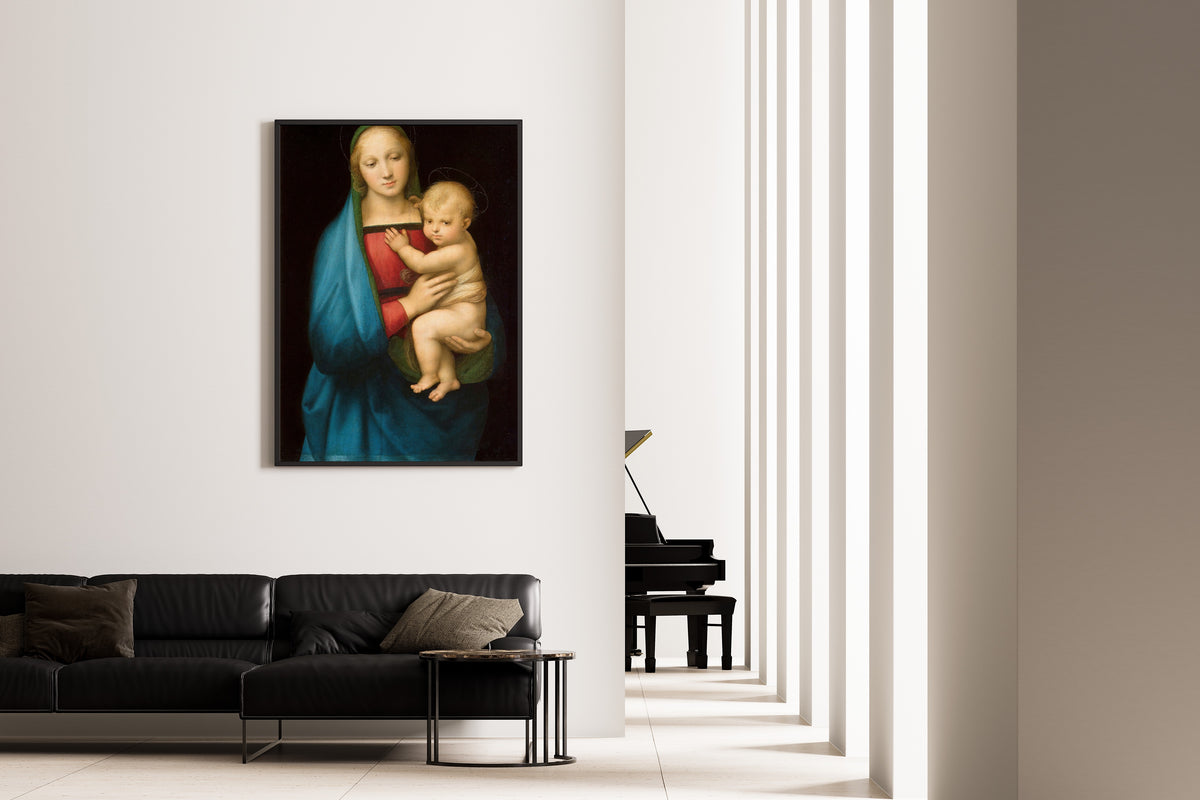 Framed art print of Madonna del Granduca by Raphael, on the wall of a minimal living room