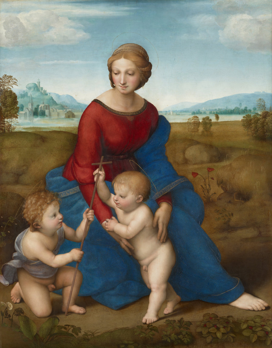 Raphael — Madonna in the Meadow | Fine Art Print shown to scale on a wall above a sofa