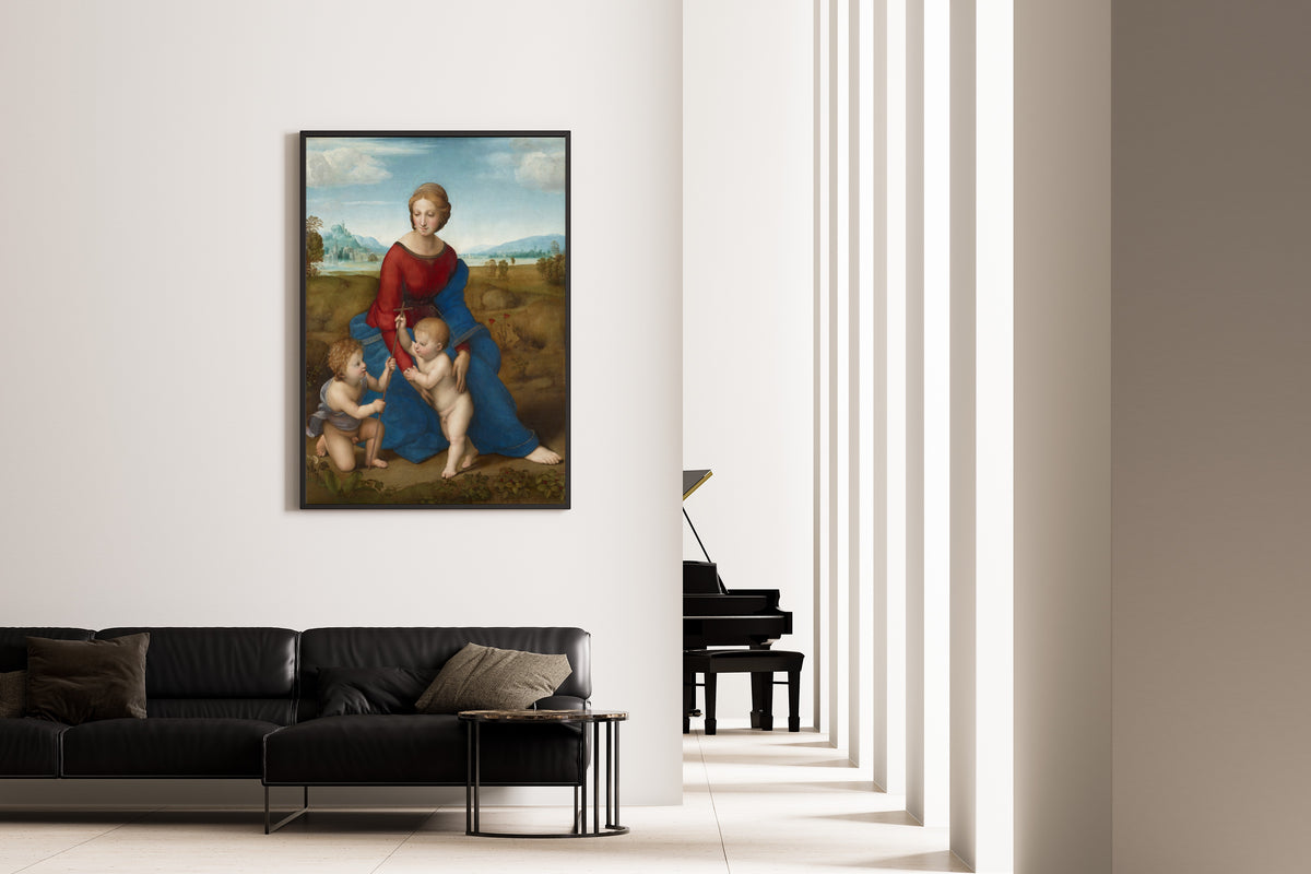 Framed art print of Madonna in the Meadow by Raphael, on the wall of a minimal living room