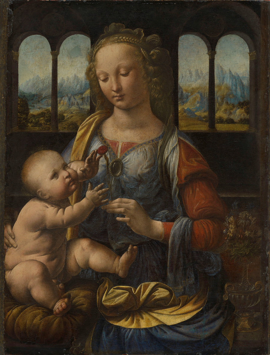 Leonardo da Vinci — Madonna of the Carnation | Fine Art Print shown to scale on a wall above a sofa