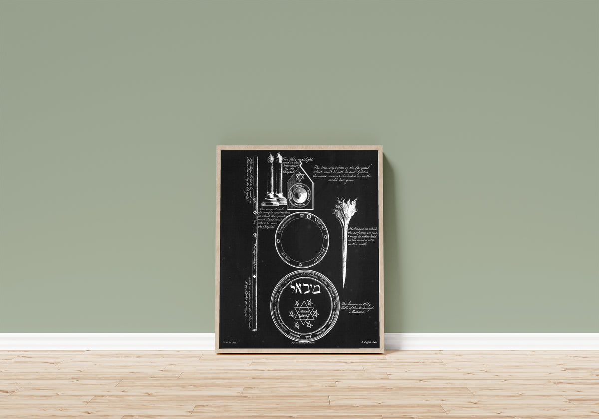 Framed art print of Magical Symbols and Instruments by Francis Barrett, in a light wood frame leaning on a sage green wall above a wooden floor
