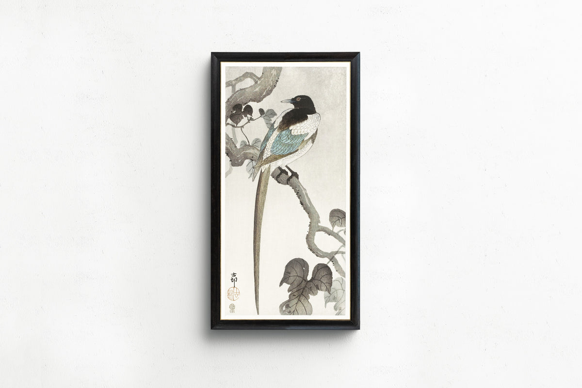 Ohara Koson — Magpie on Tree Branch | Japanese Bird & Flower Woodblock Print